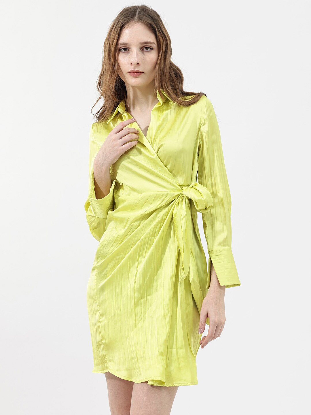 

RAREISM Shirt Collar Long Sleeves Wrap Dress, Green