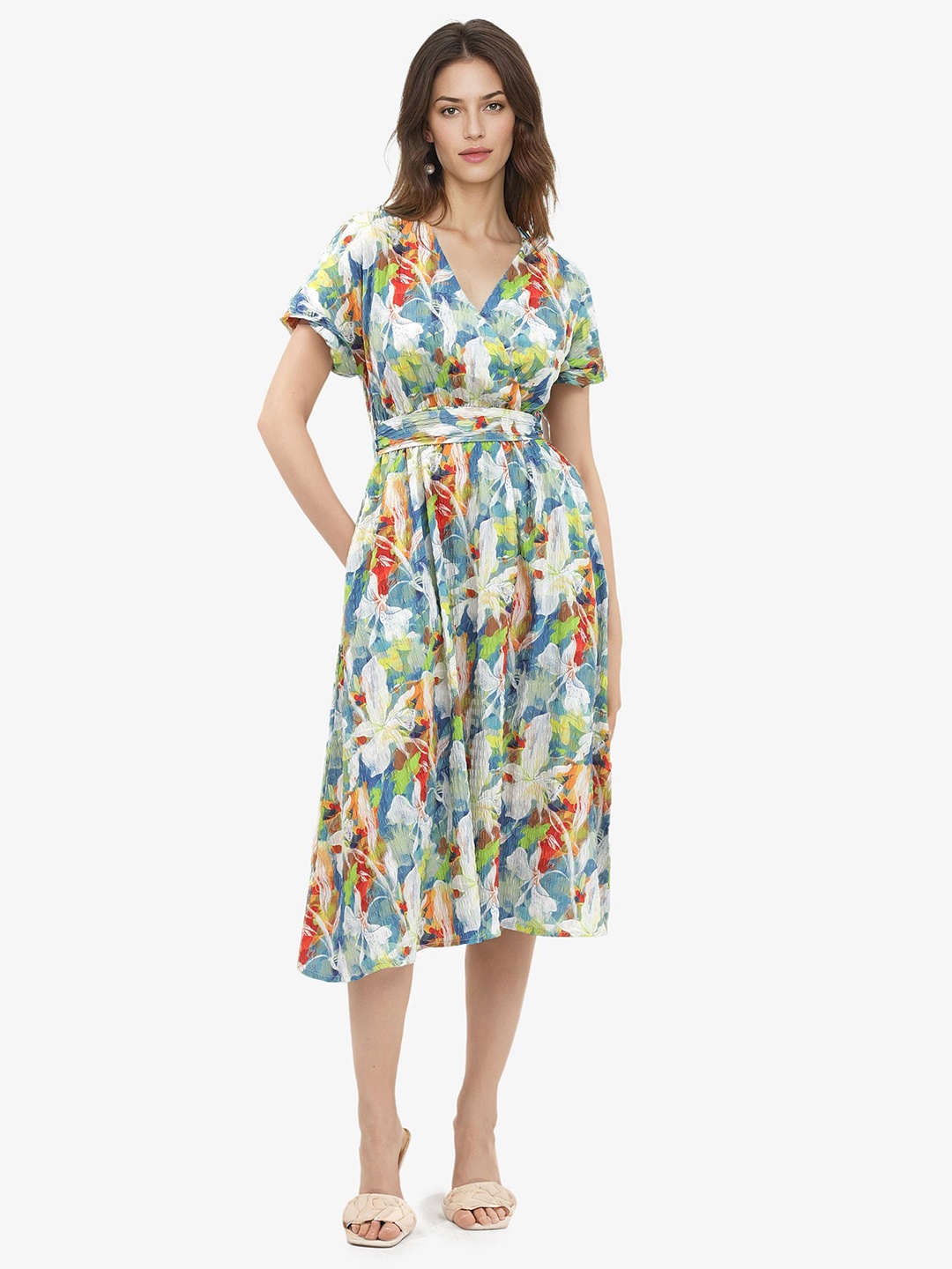 

RAREISM V Neck Floral Printed Fit & Flare Midi Dress, White