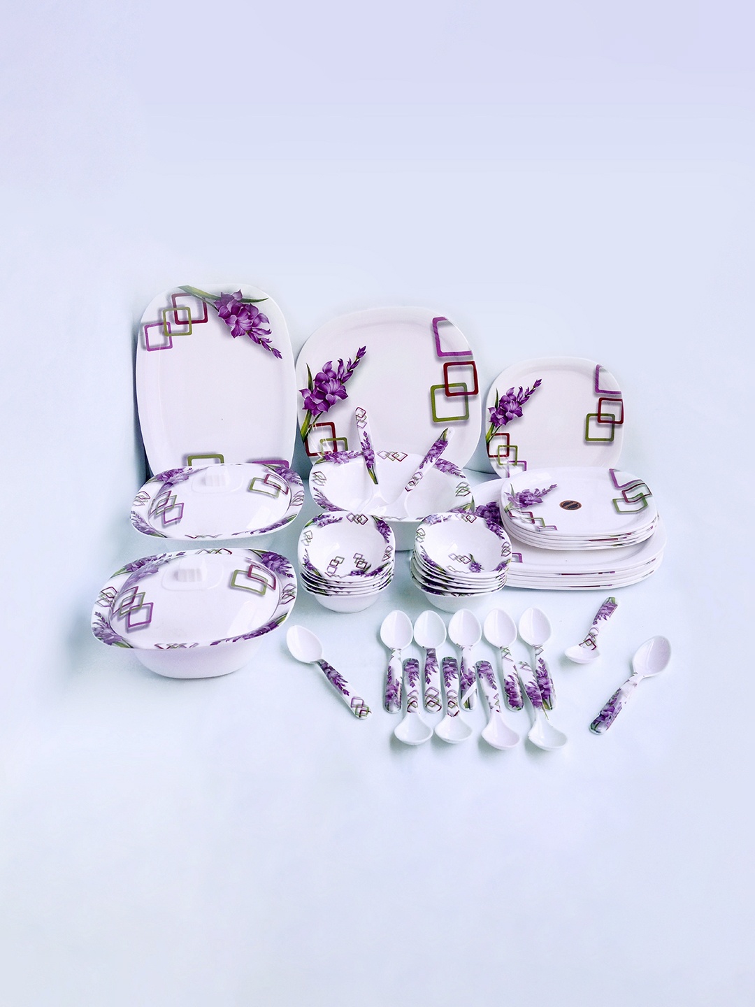 

Radhe Crockery White & Purple 44 Pieces Printed Melamine Glossy Dinner Set