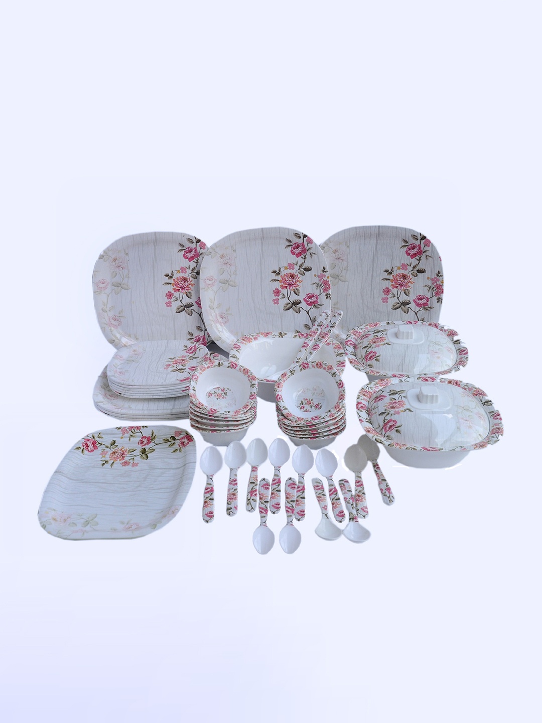 

Radhe Crockery White & Pink 44 Pieces Printed Melamine Glossy Dinner Set