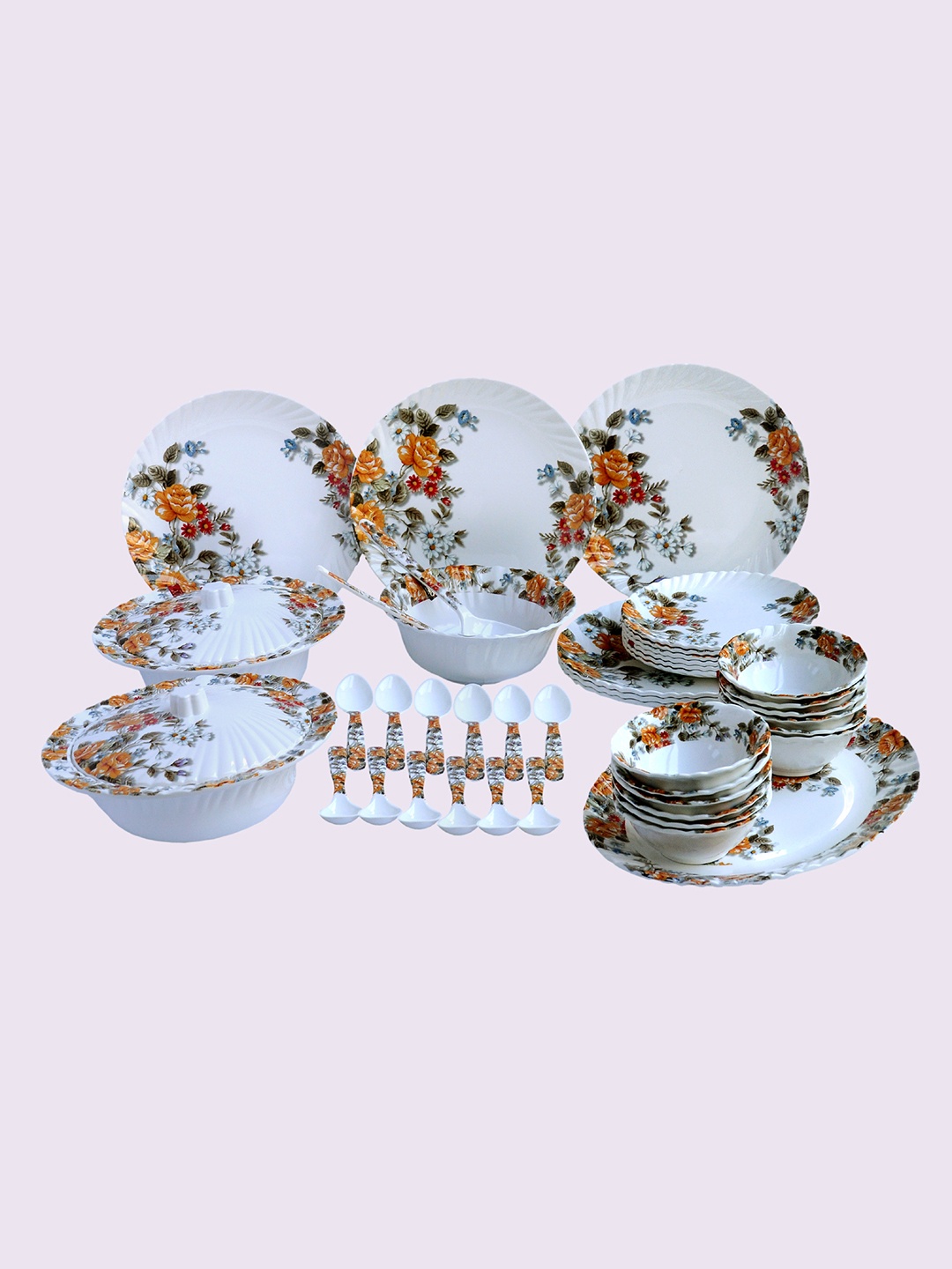 

Radhe Crockery White & Orange 44 Pieces Printed Melamine Glossy Dinner Set