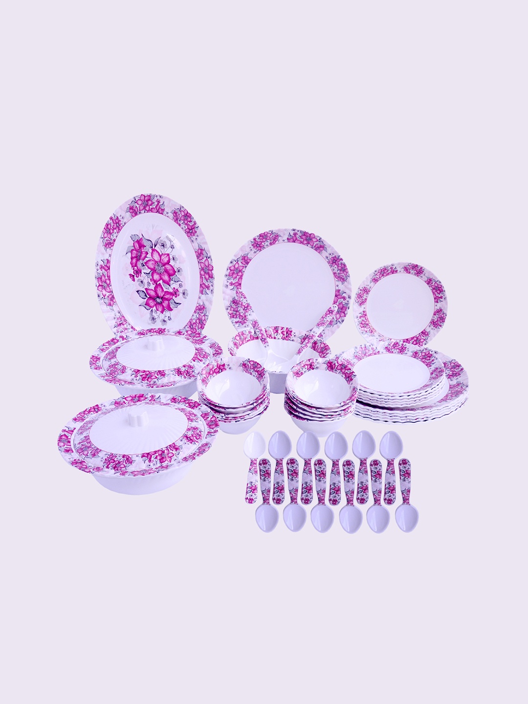 

Radhe Crockery White & Pink 44 Pieces Printed Melamine Glossy Dinner Set