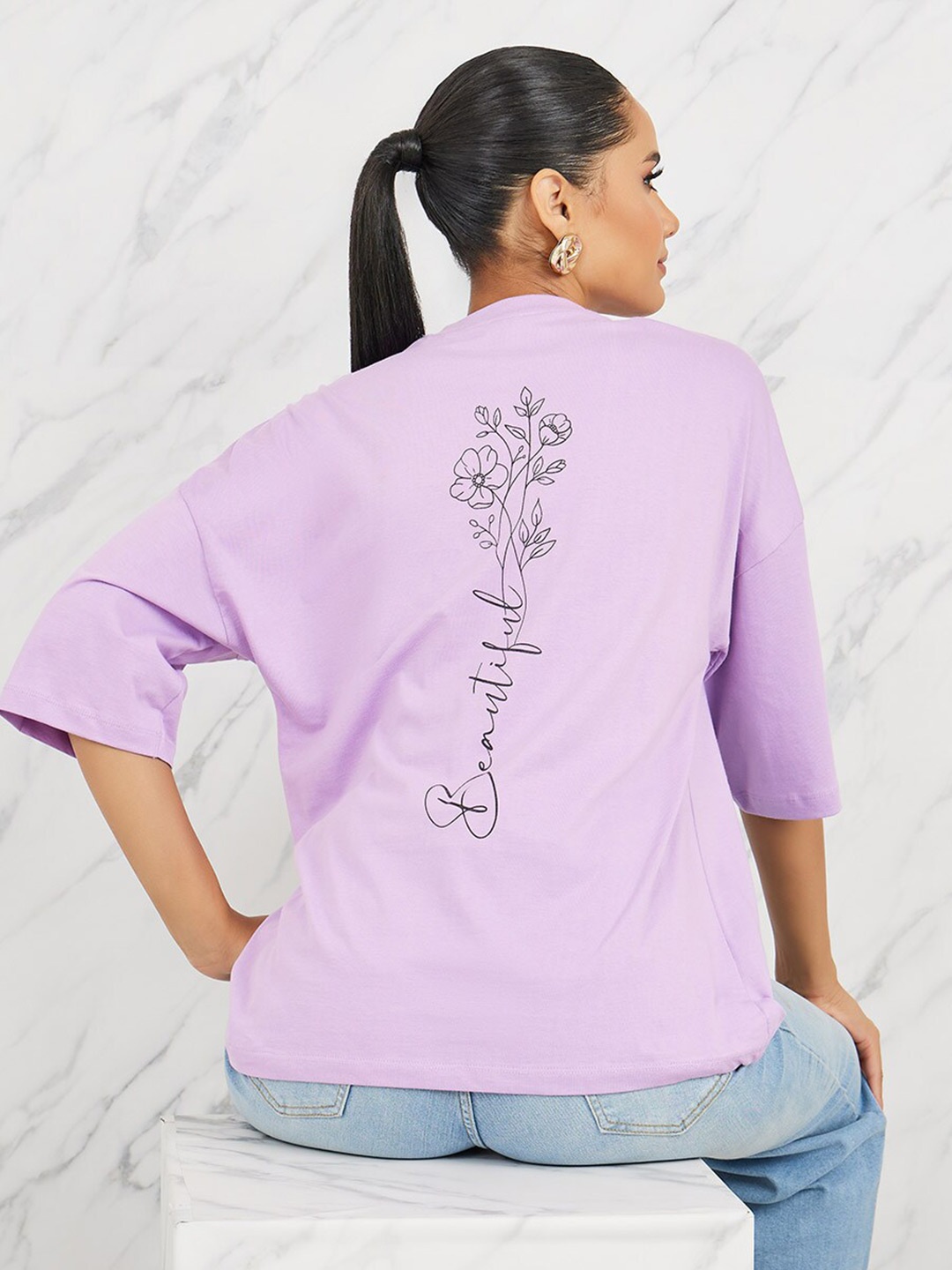 

Styli Floral Printed Longline Oversized T-shirt, Purple