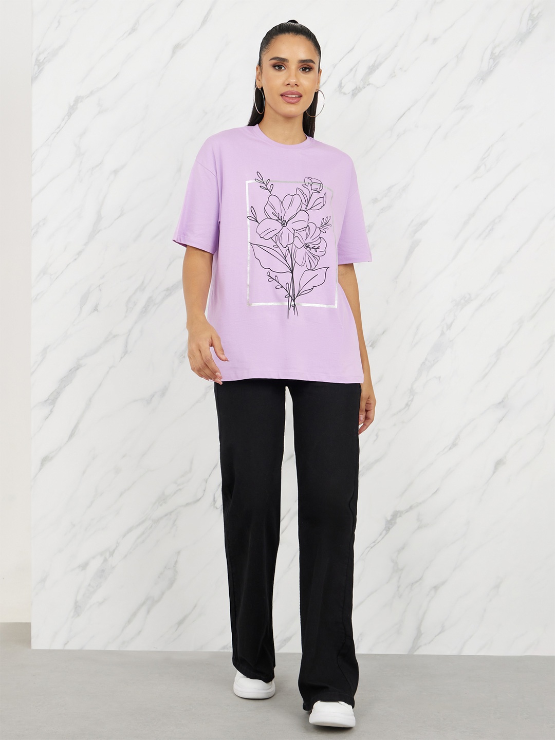 

Styli Floral Printed Longline Oversized T-shirt, Purple