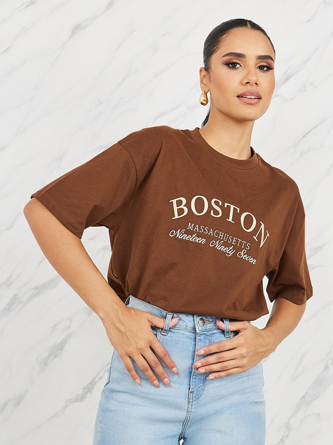 

Styli Typography Embroidered Round Neck Longline Oversized T-shirt, Brown
