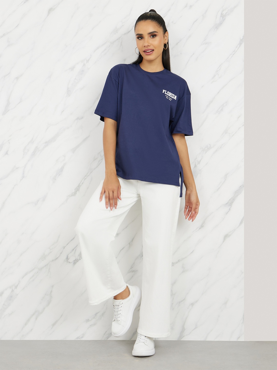 Styli Typography Printed Longline Oversized T-shirt, Navy blue
