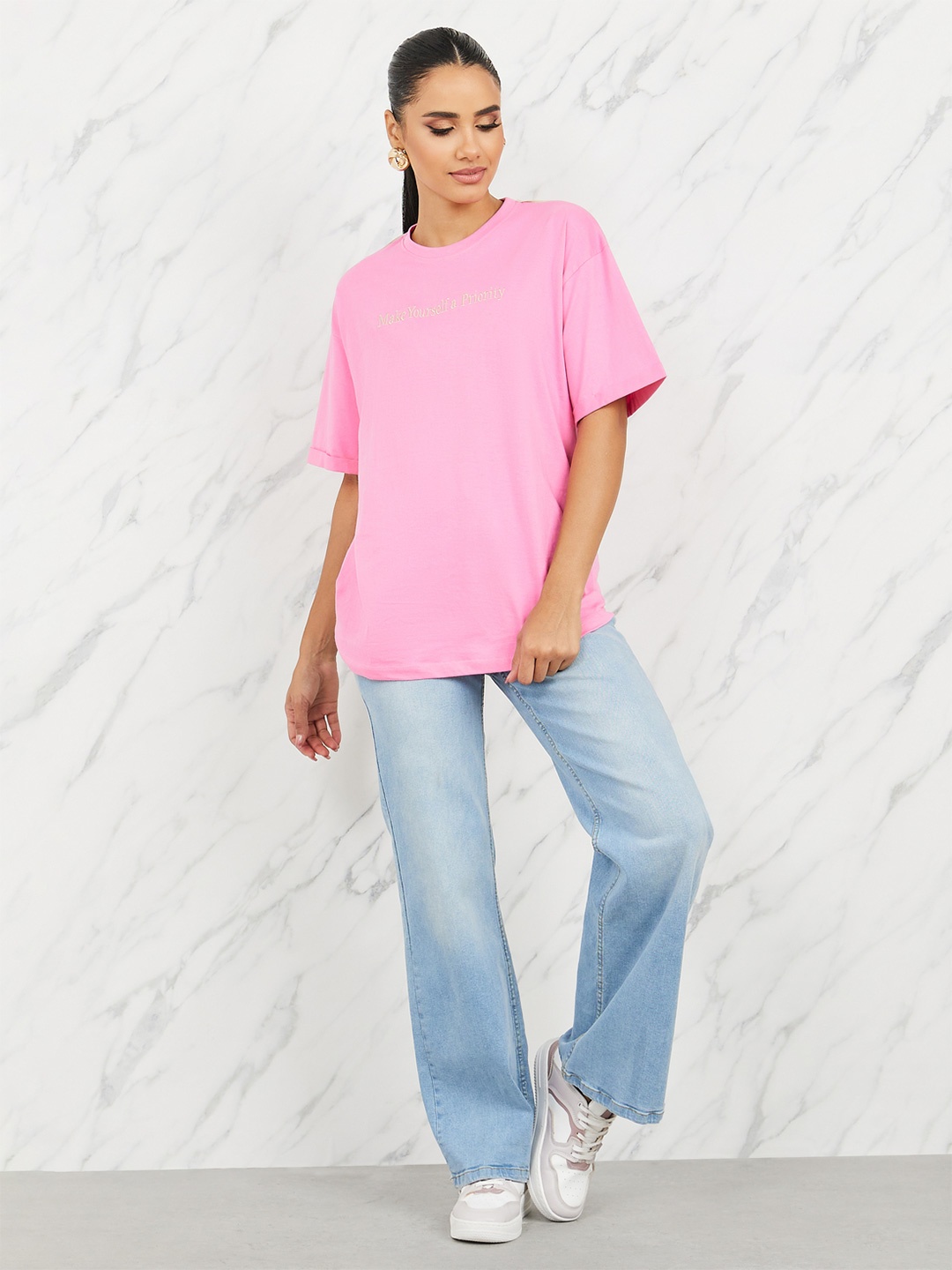 

Styli Typography Embroidered Oversized T-shirt, Pink