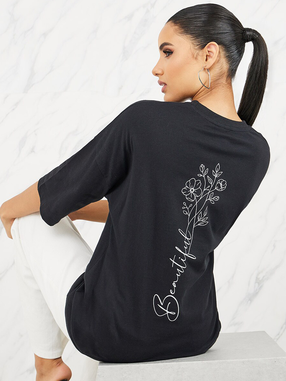 

Styli Floral Printed Longline Oversized T-shirt, Black