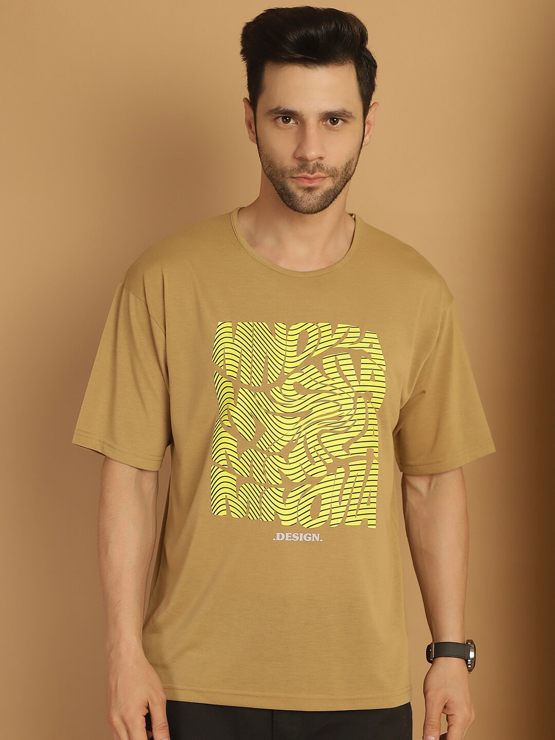 MACK JONNEY Abstract Printed Oversized Cotton T-shirt, Beige
