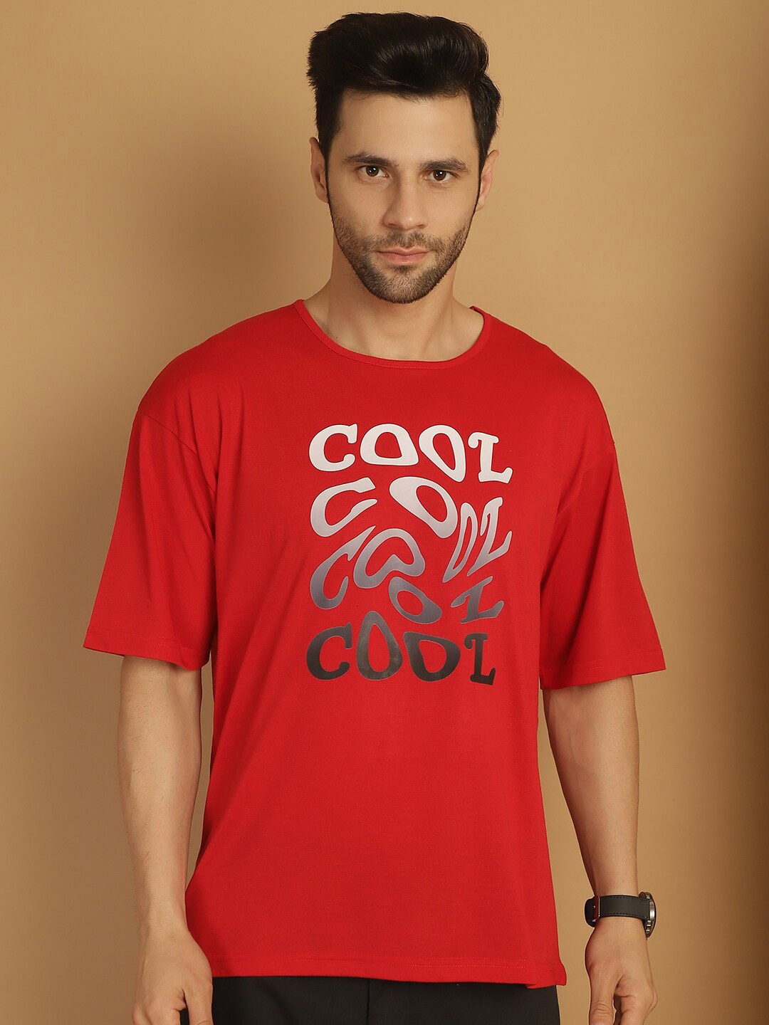 

MACK JONNEY Men Typography Printed Oversized Cotton T-shirt, Red