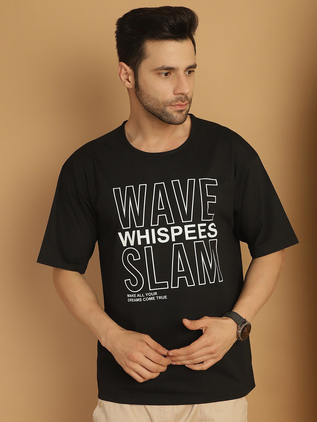 

MACK JONNEY Typography Printed Oversized Cotton T-shirt, Black