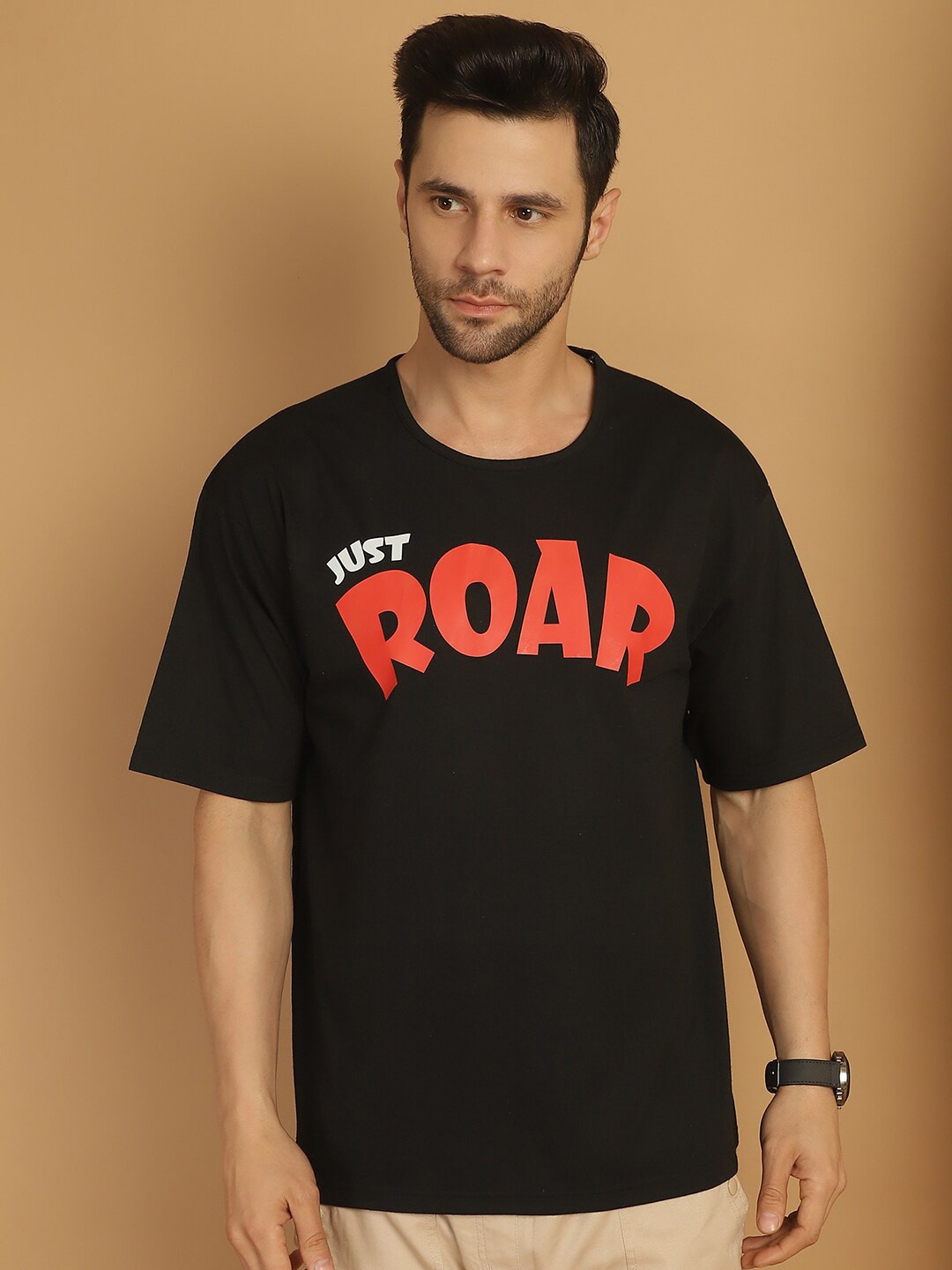 MACK JONNEY Typography Printed Oversized Cotton T-shirt, Black