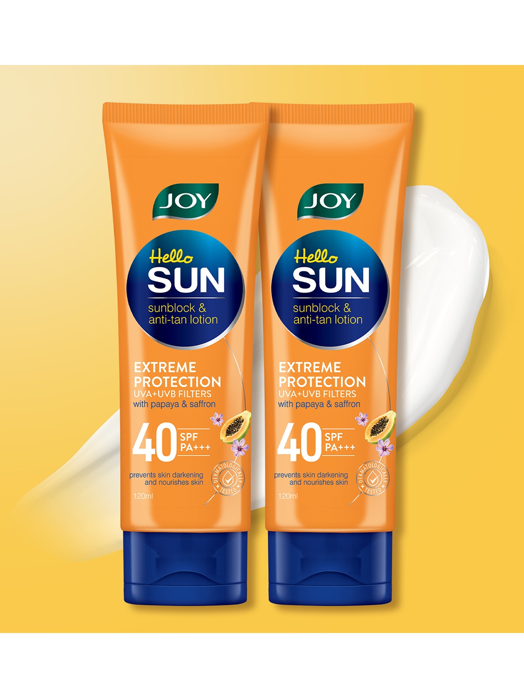 

JOY Set of 2 Hello Sun Sunblock & Anti Tan Lotion with Papaya & Saffron - 120 ml each, Orange