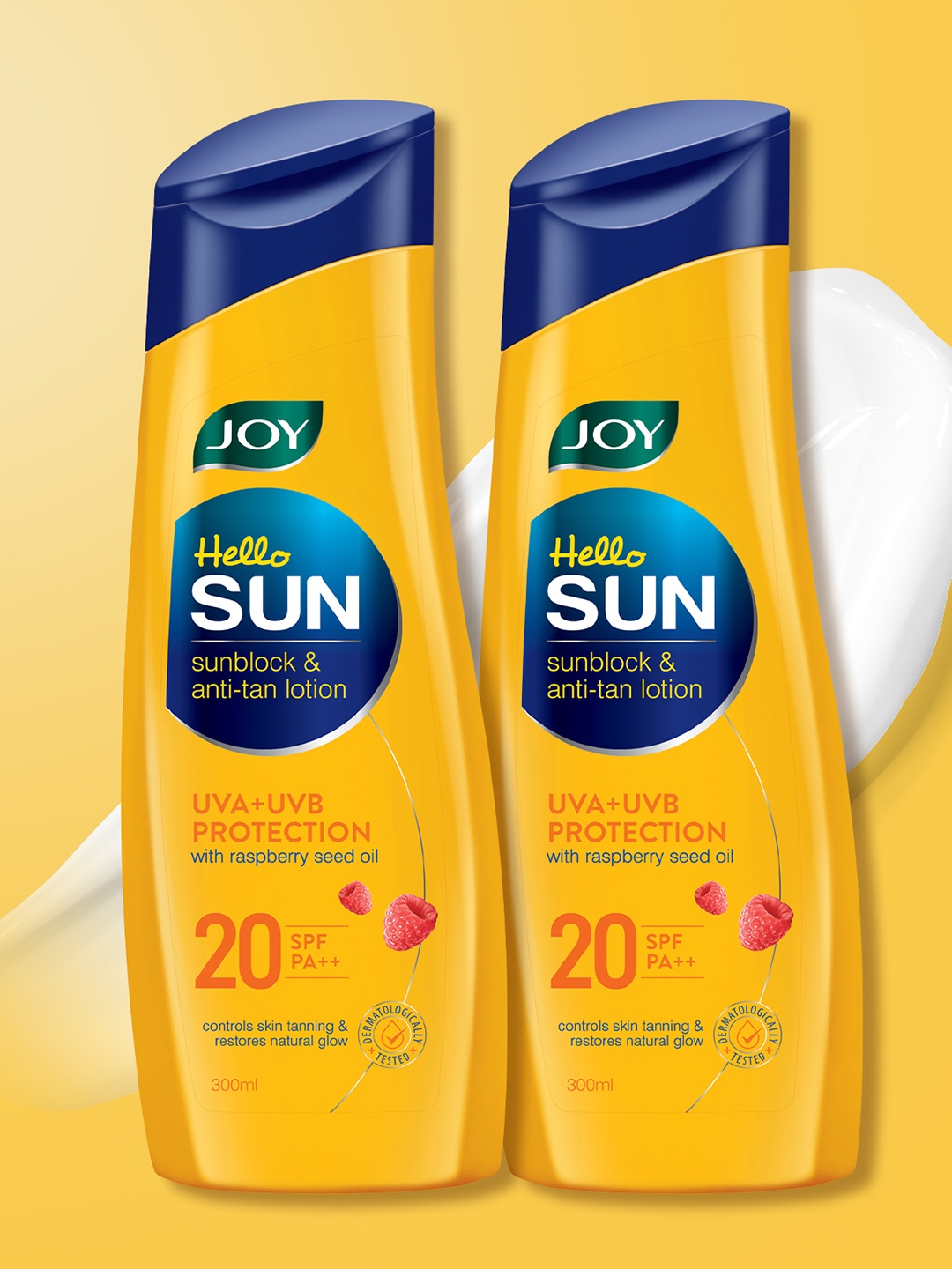 

JOY Set of 2 Hello Sun SPF20 Sunblock & Anti Tan Lotion with Raspberry Seed - 300 ml each, Yellow