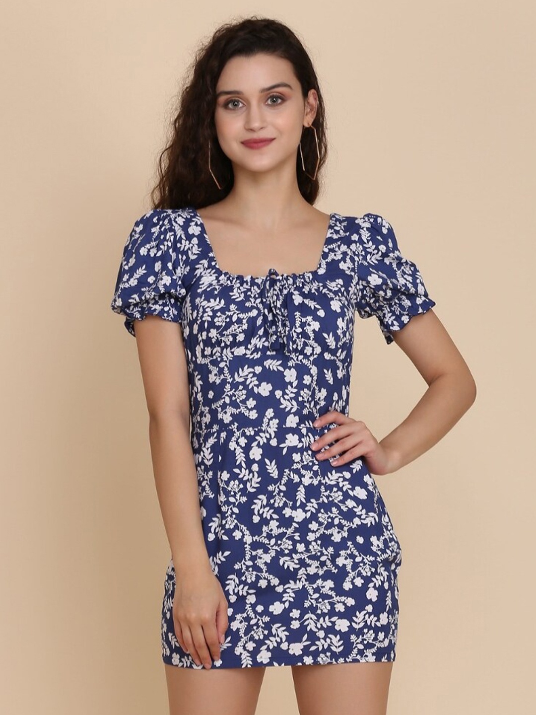 

STARIN Floral Printed A-Line Mini Dress, Blue