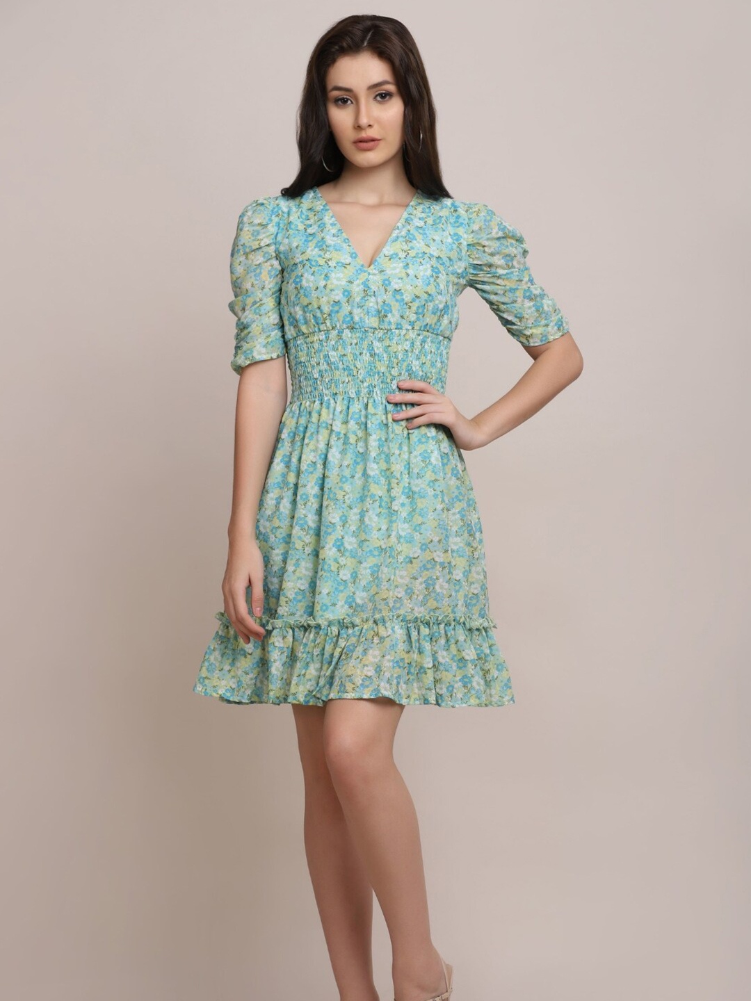 

STARIN Floral Printed Puff Sleeve Fit & Flare Dress, Sea green