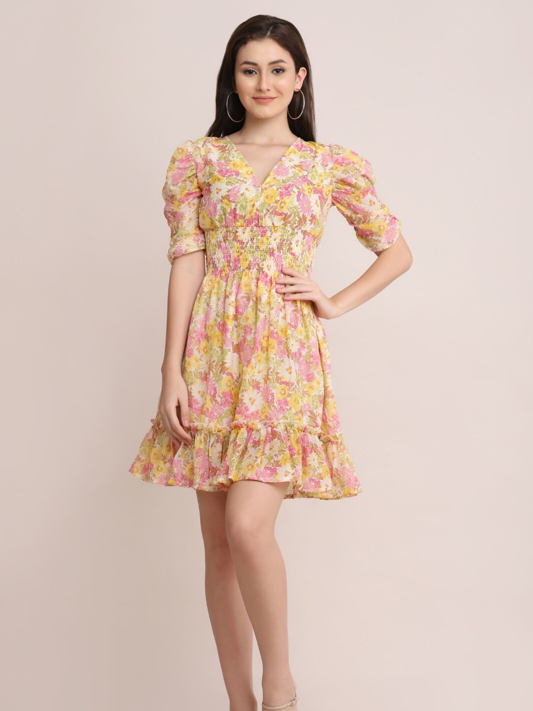 

STARIN Floral Printed Puff Sleeve Chiffon Fit & Flare Dress, Yellow