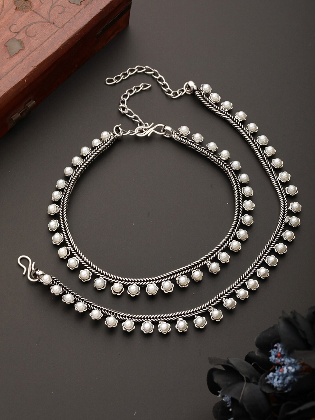 

Jazz and Sizzle Set Of 2 Silver-Plated Pearl Beaded Anklets
