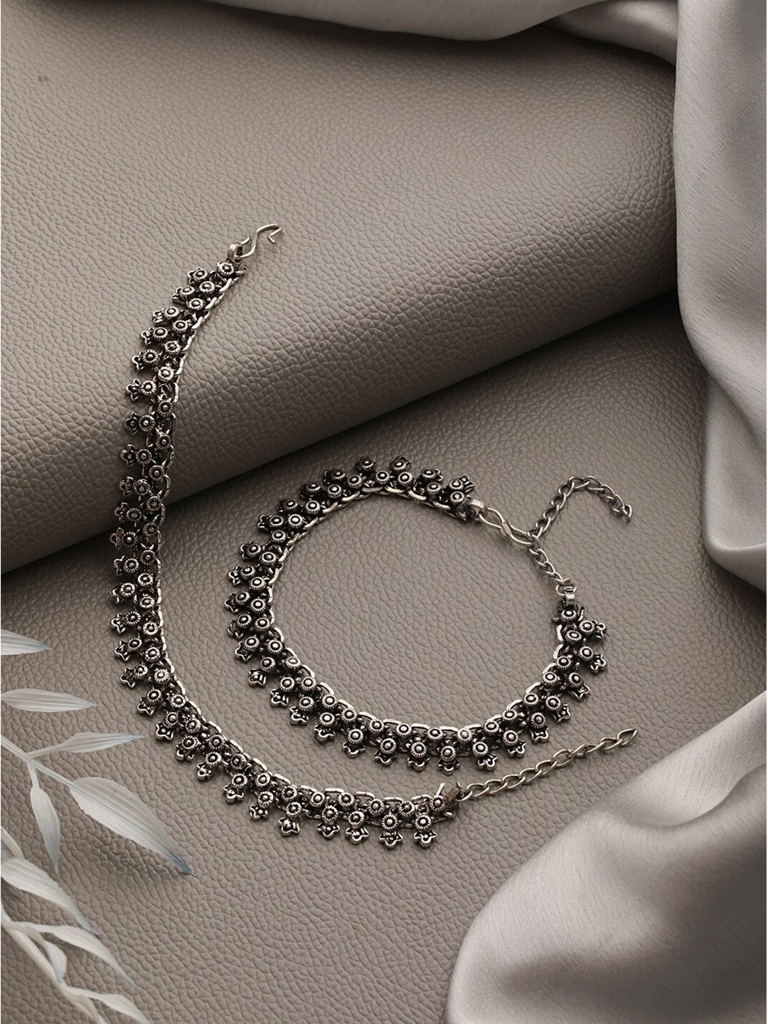 

Jazz and Sizzle Set Of 2 Silver Plated Stone-Studded & Beaded Oxidised Anklets