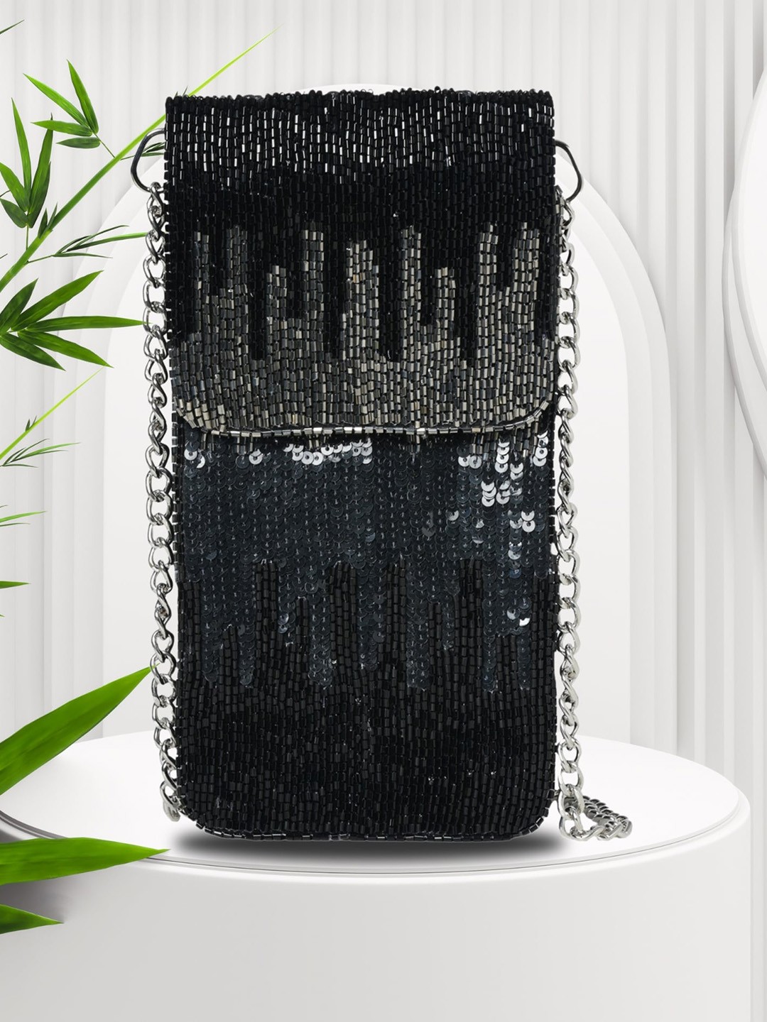 

MARKQUES Embellished Suede Sequined Structured Sling Bag, Black