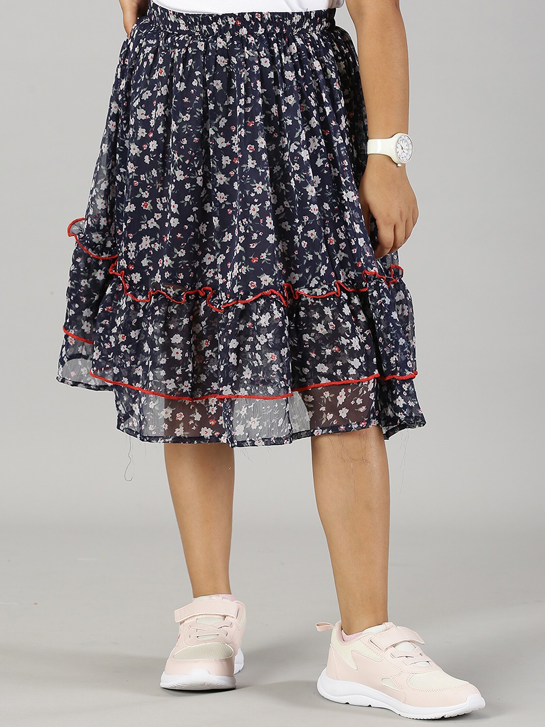 

KiddoPanti Girls Floral Printed Frill Layered Flared Knee Length Skirt, Navy blue