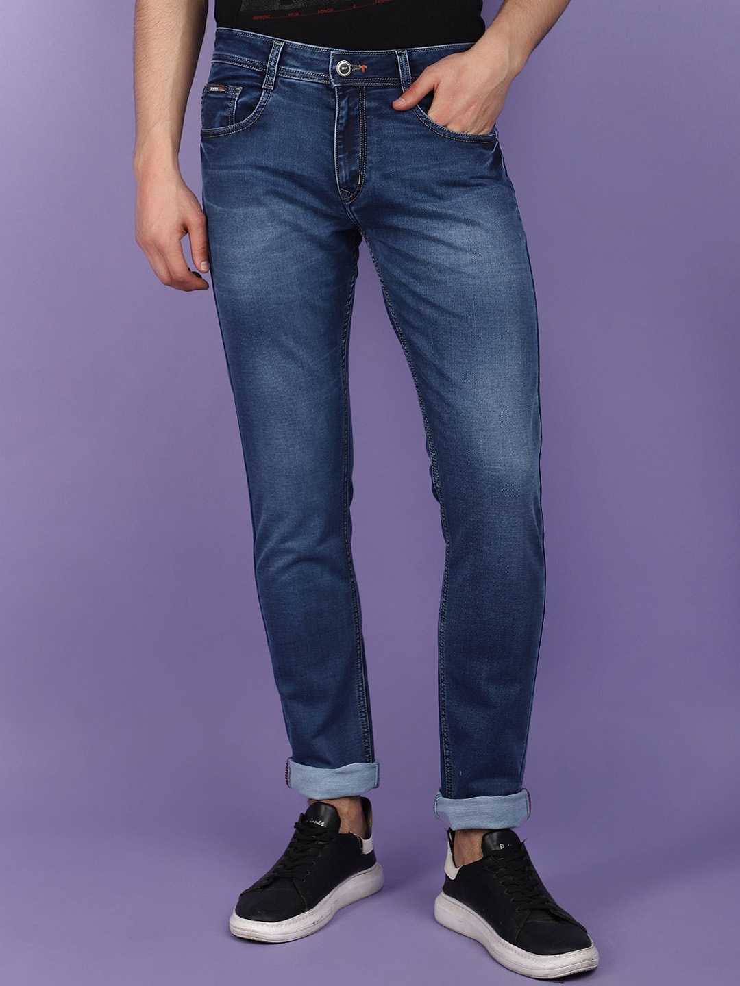 

V-Mart Men Slim Fit Mid-Rise Clean Look Heavy Fade Cotton Jeans, Blue
