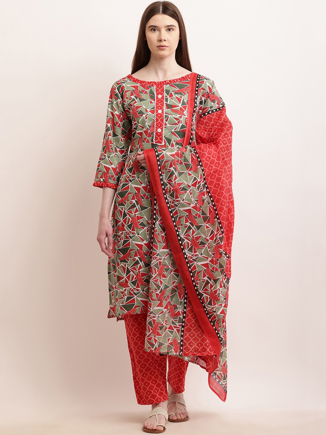 

KETAKI FASHION Geometric Printed Pure Cotton Straight Kurta with Trousers & Dupatta, Red