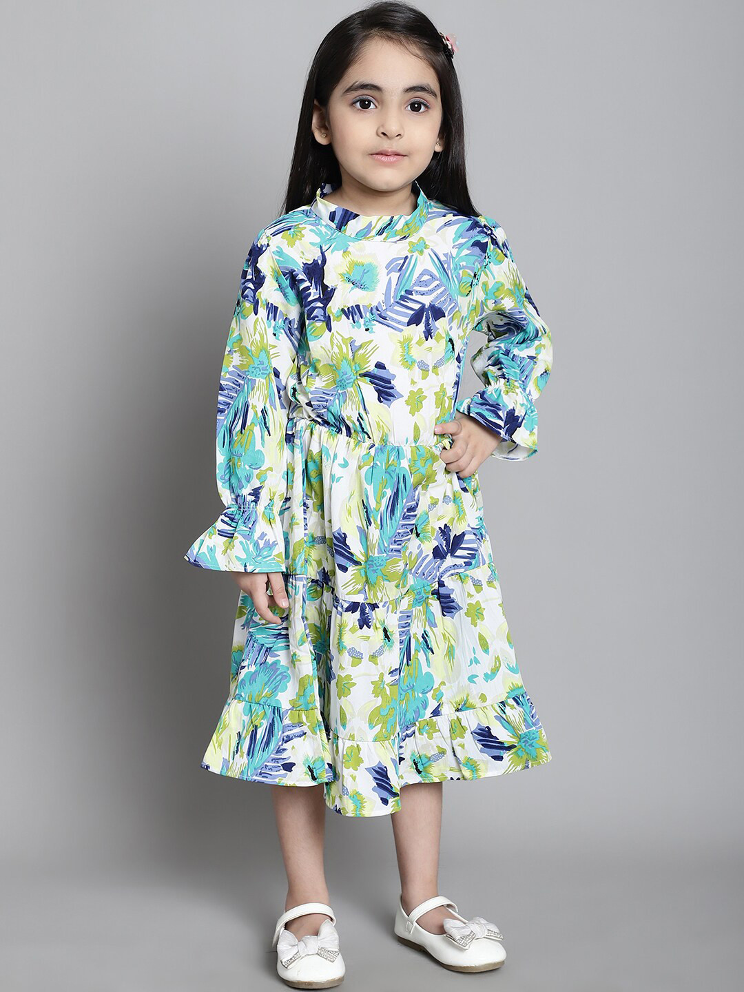 

MINI & MING Girls Floral Print Mock Neck Bell Sleeves Crepe Fit & Flare Midi Dress, Blue