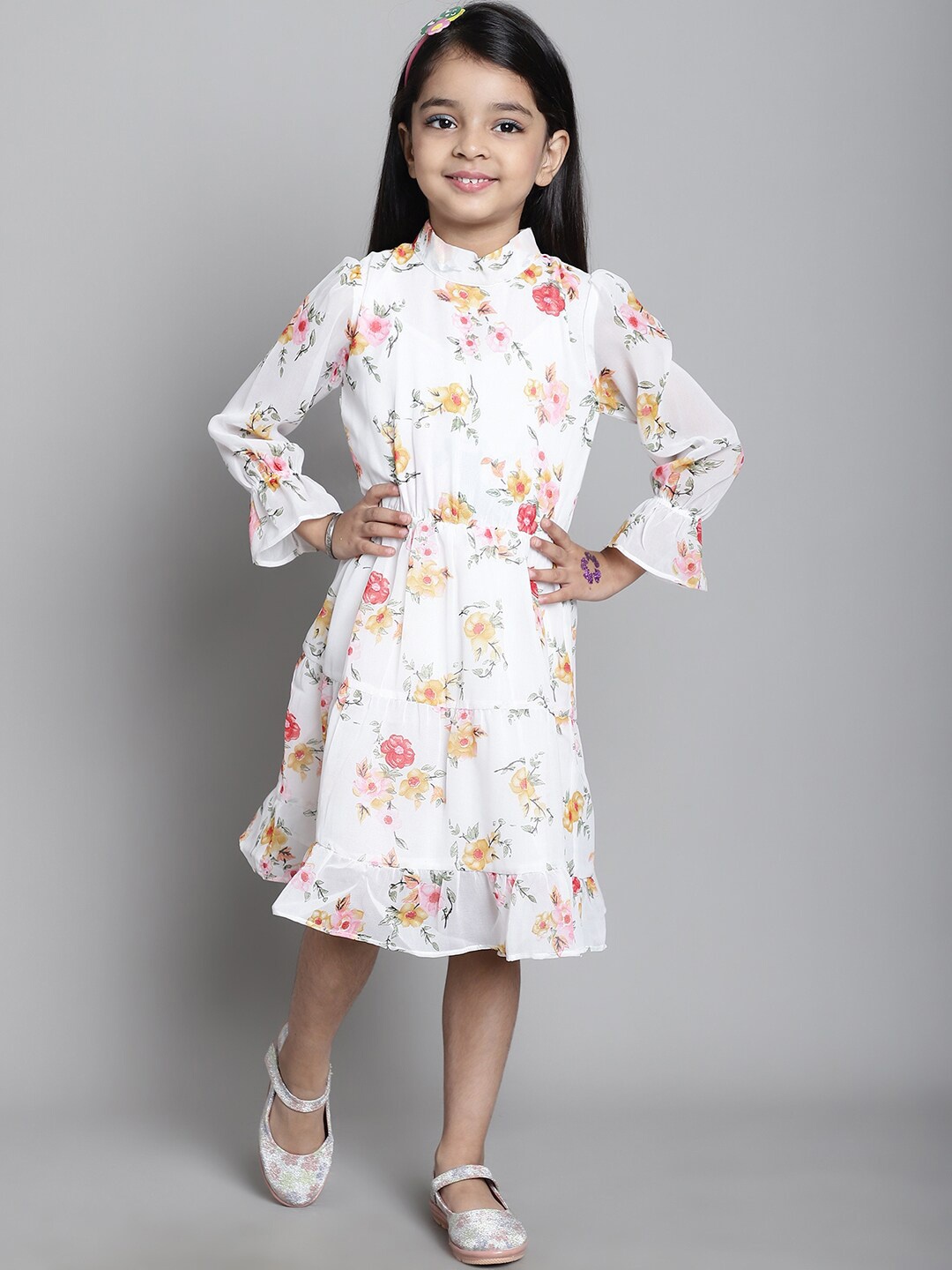 

MINI & MING Girls Floral Printed Bell Sleeve Georgette Fit & Flare Dress, Off white