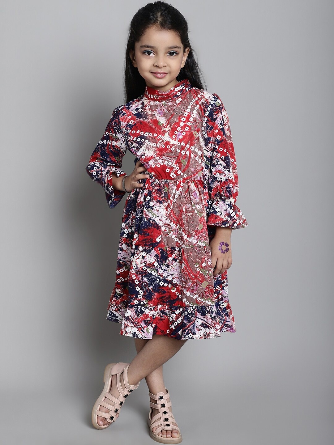 

MINI & MING Girls Floral Printed Bell Sleeve Fit & Flare Midi Dress, Maroon