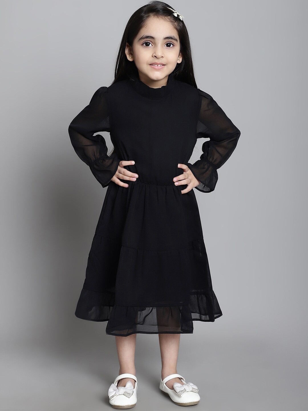 

MINI & MING Girls Mock Neck Bell Sleeves Georgette Fit & Flare Midi Dress, Black