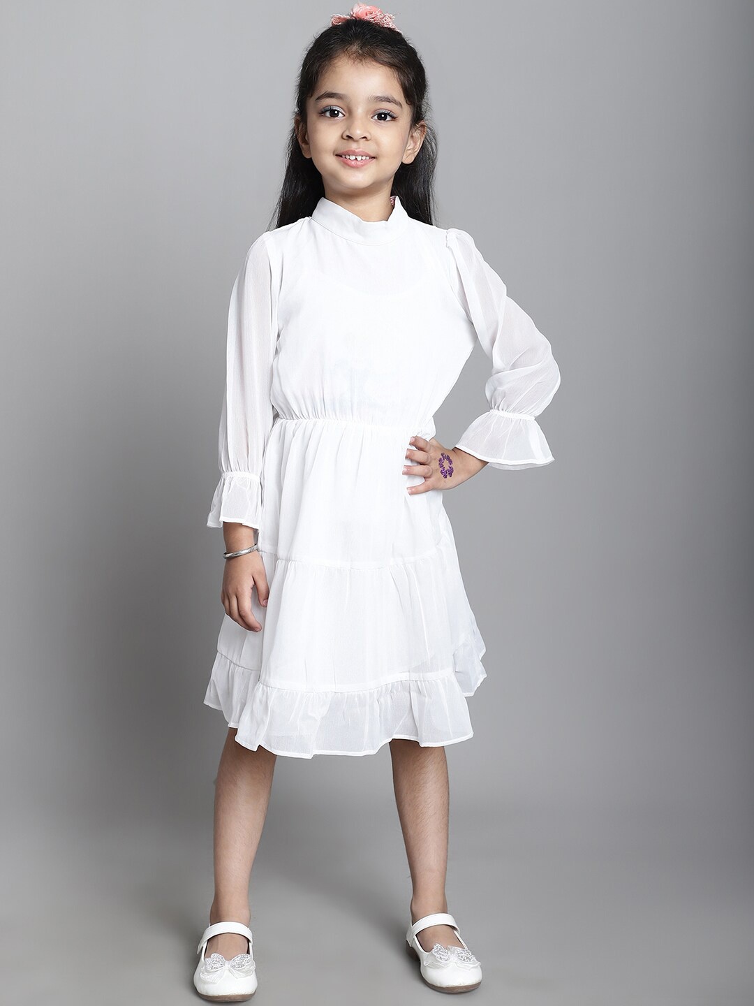 

MINI & MING Girls Mock Neck Bell Sleeves Georgette Fit & Flare Dress, White