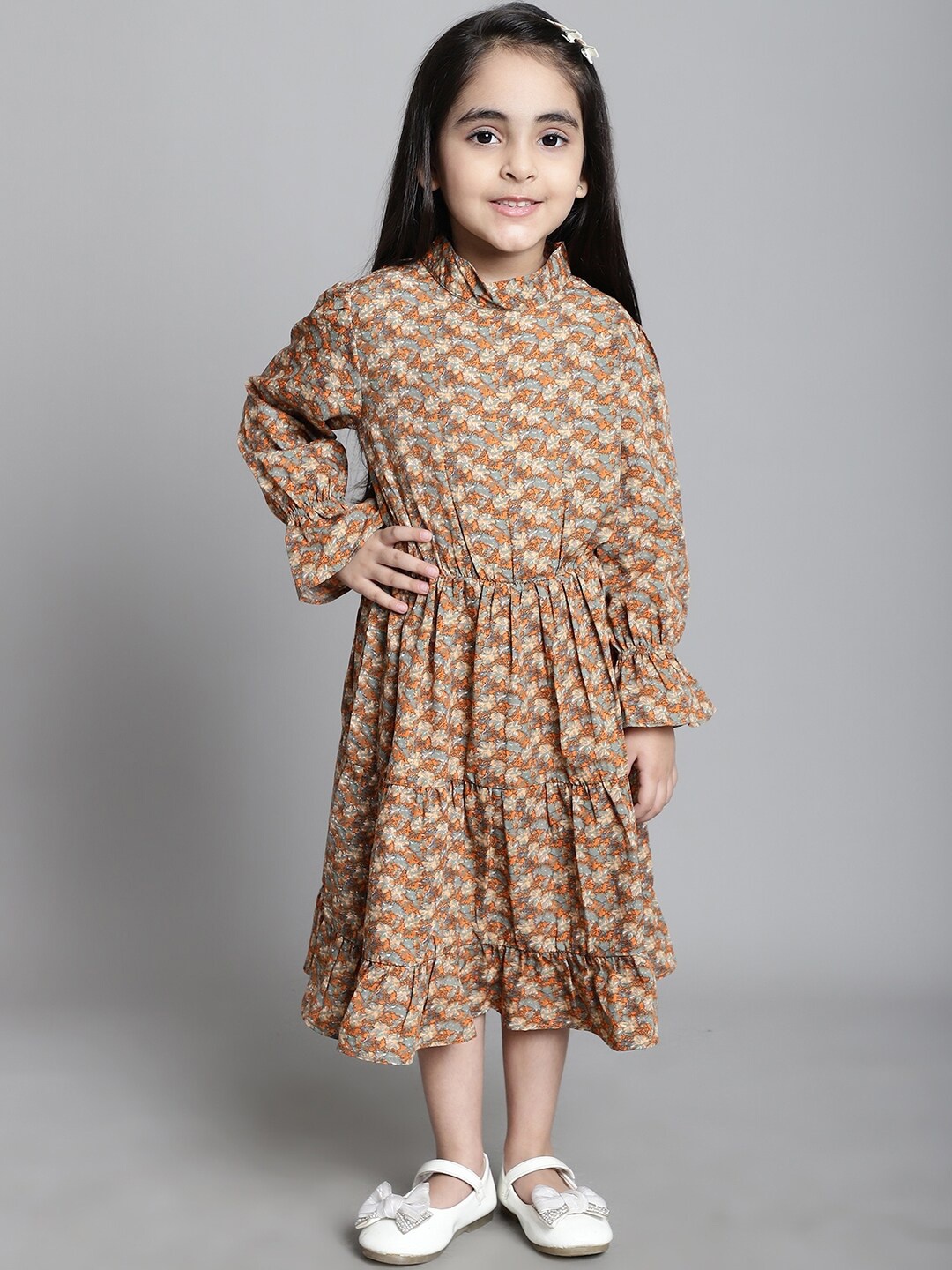 

MINI & MING Girls Floral Print Mock Neck Bell Sleeves Crepe Shirt Midi Dress, Beige