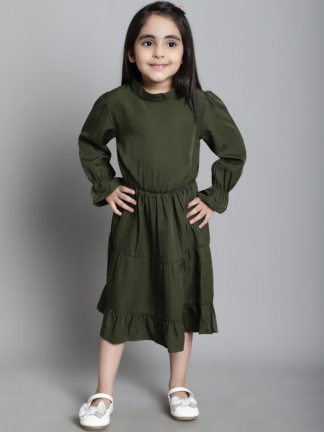 

MINI & MING Girls Round Neck A-Line Midi Dress, Olive