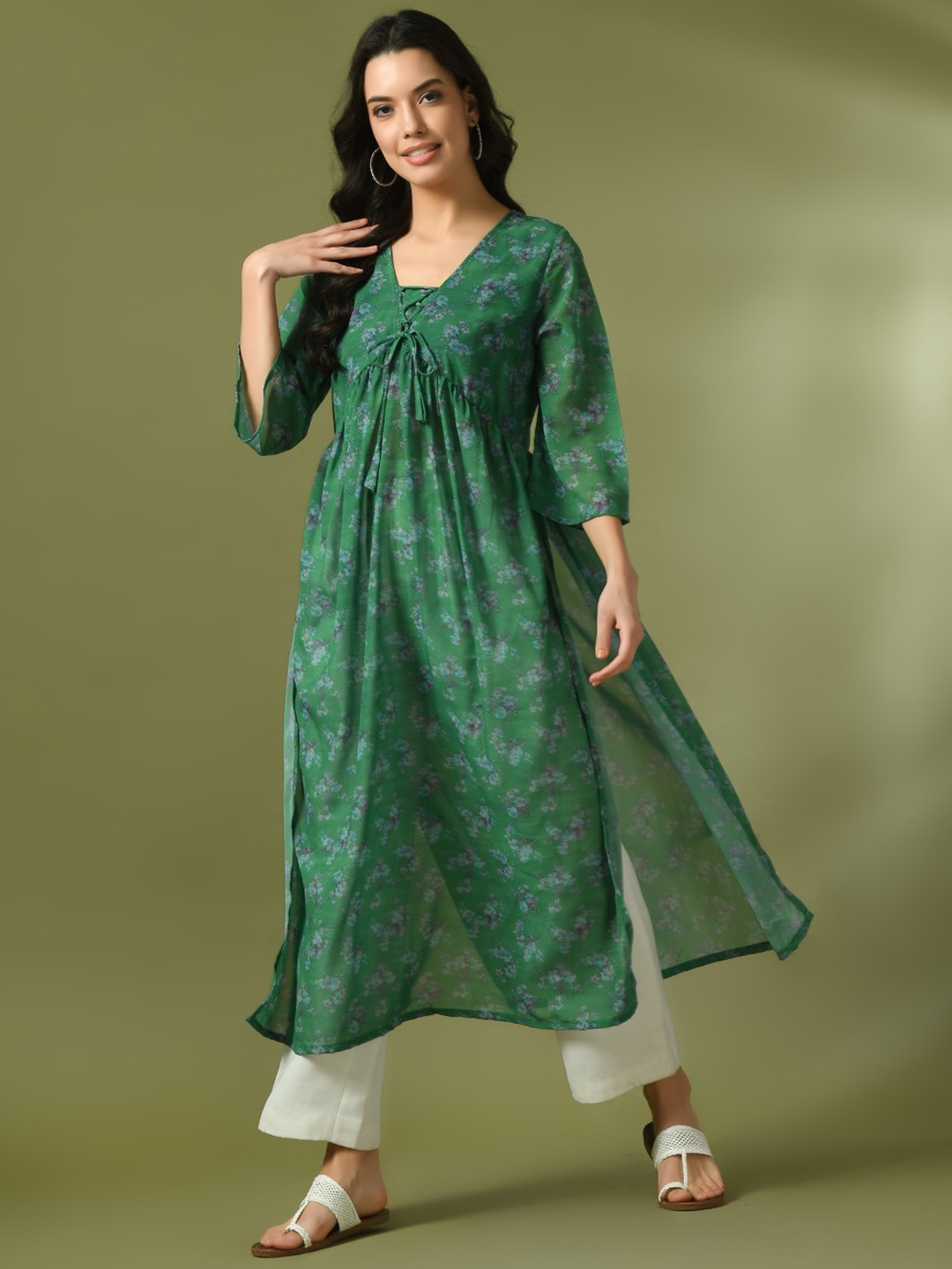Sangria Floral Printed Georgette A-Line Nyra Cut Kurta, Green