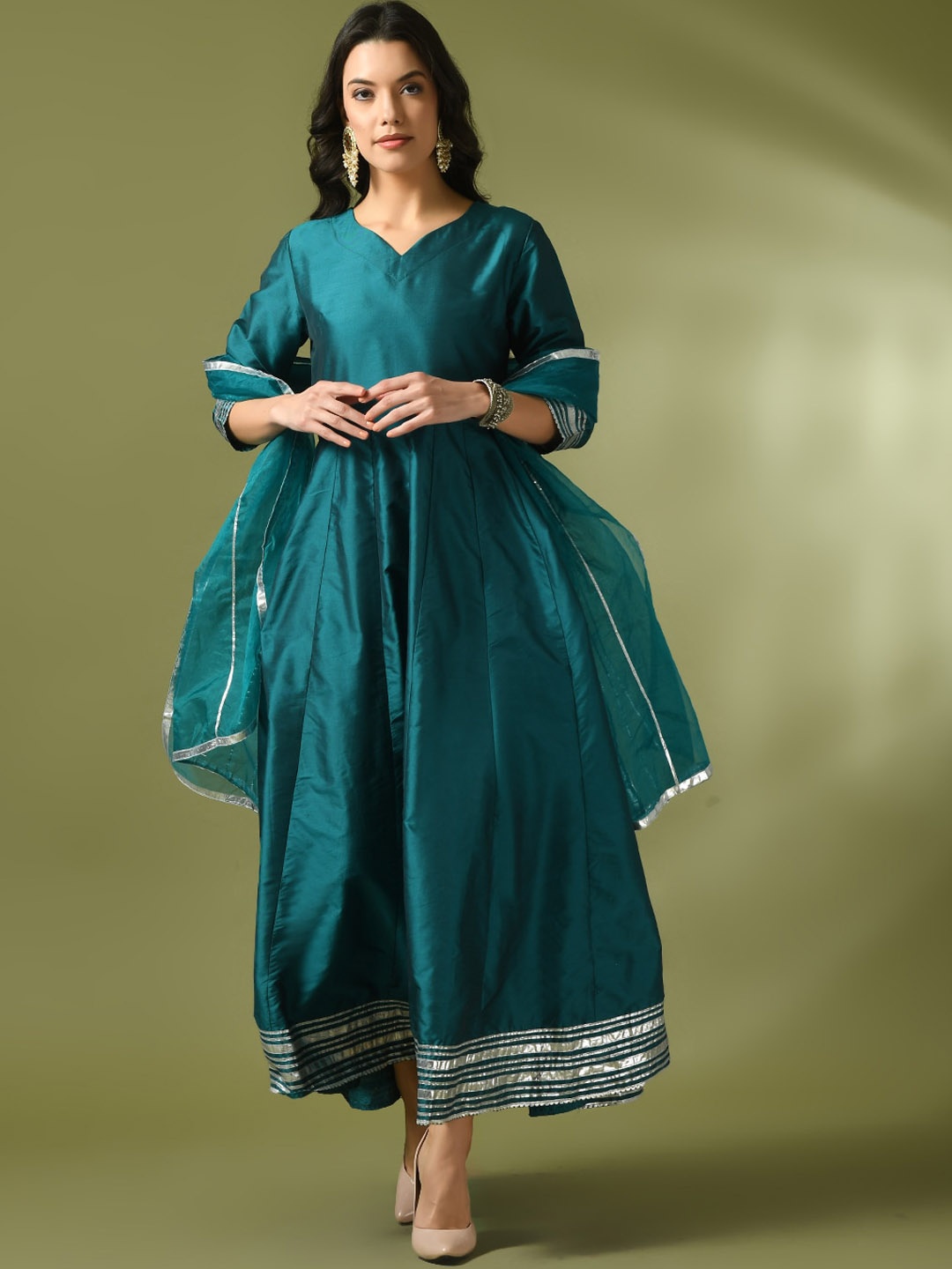 

Sangria V-Neck Flared Anarkali Kurta & Dupatta, Teal