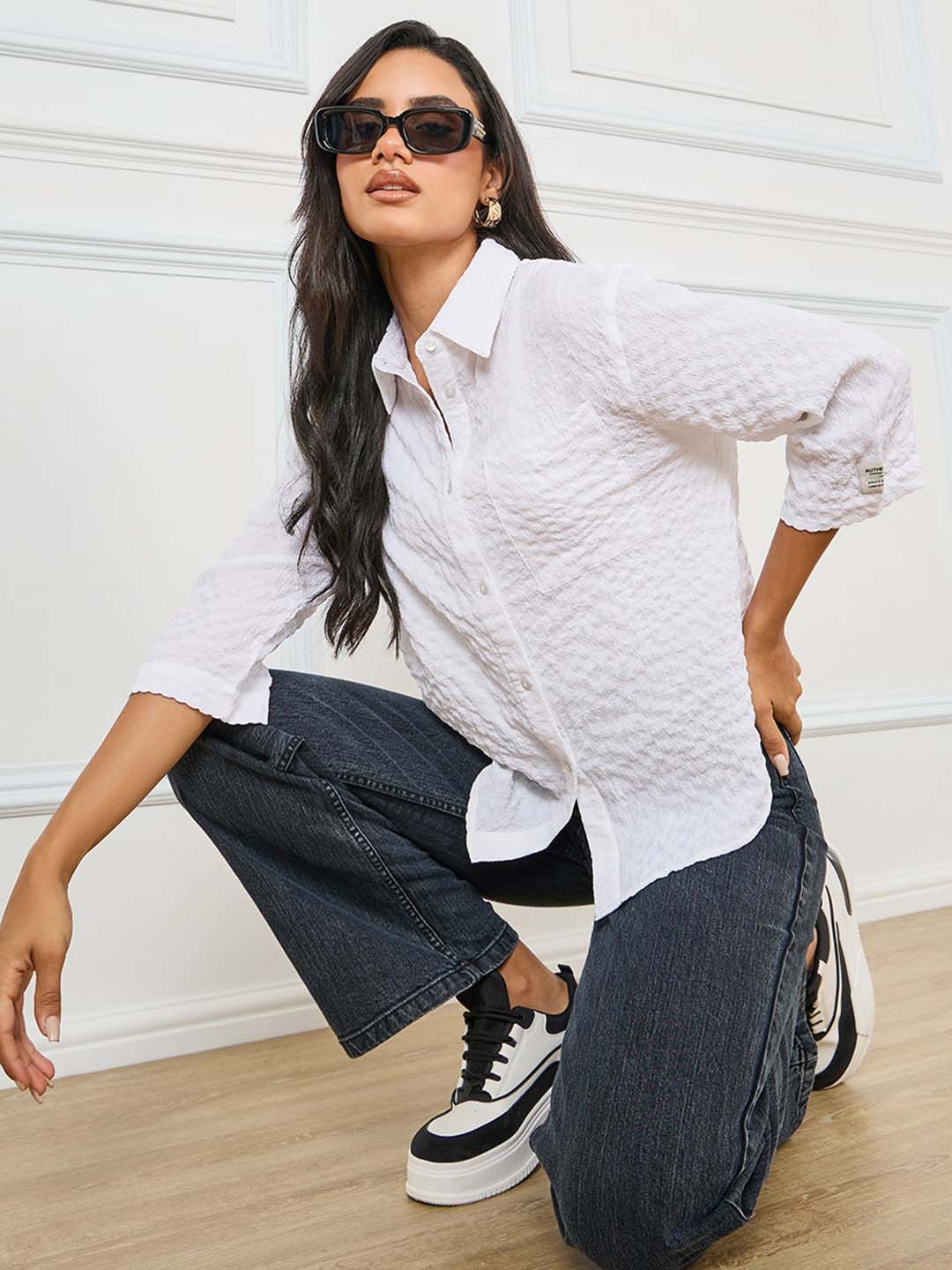 Styli Self Design Spread Collar Longline Oversized Shirt, White