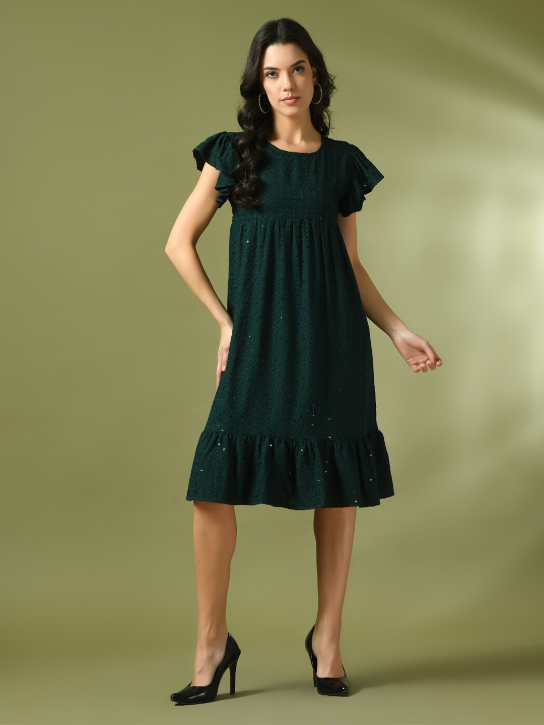 

Sangria Ethnic Embroidered Sequined Flutter Sleeves Flounce Cotton A-Line Dress, Green