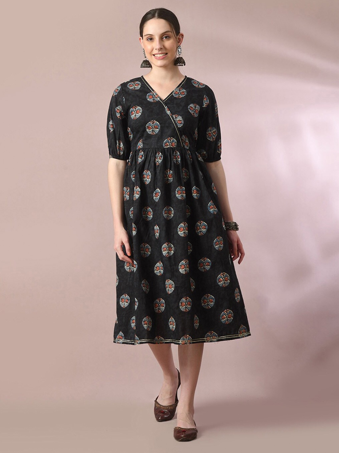 

Sangria Ethnic Motifs Printed Puff Sleeves V-Neck Cotton Ethnic Dress, Black