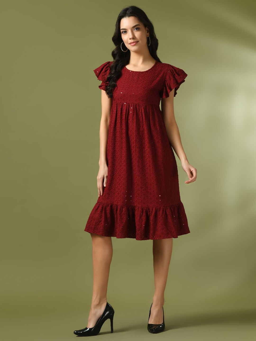 

Sangria Embroidered Sequined Flounce Cotton A-Line Ethnic Dress, Maroon