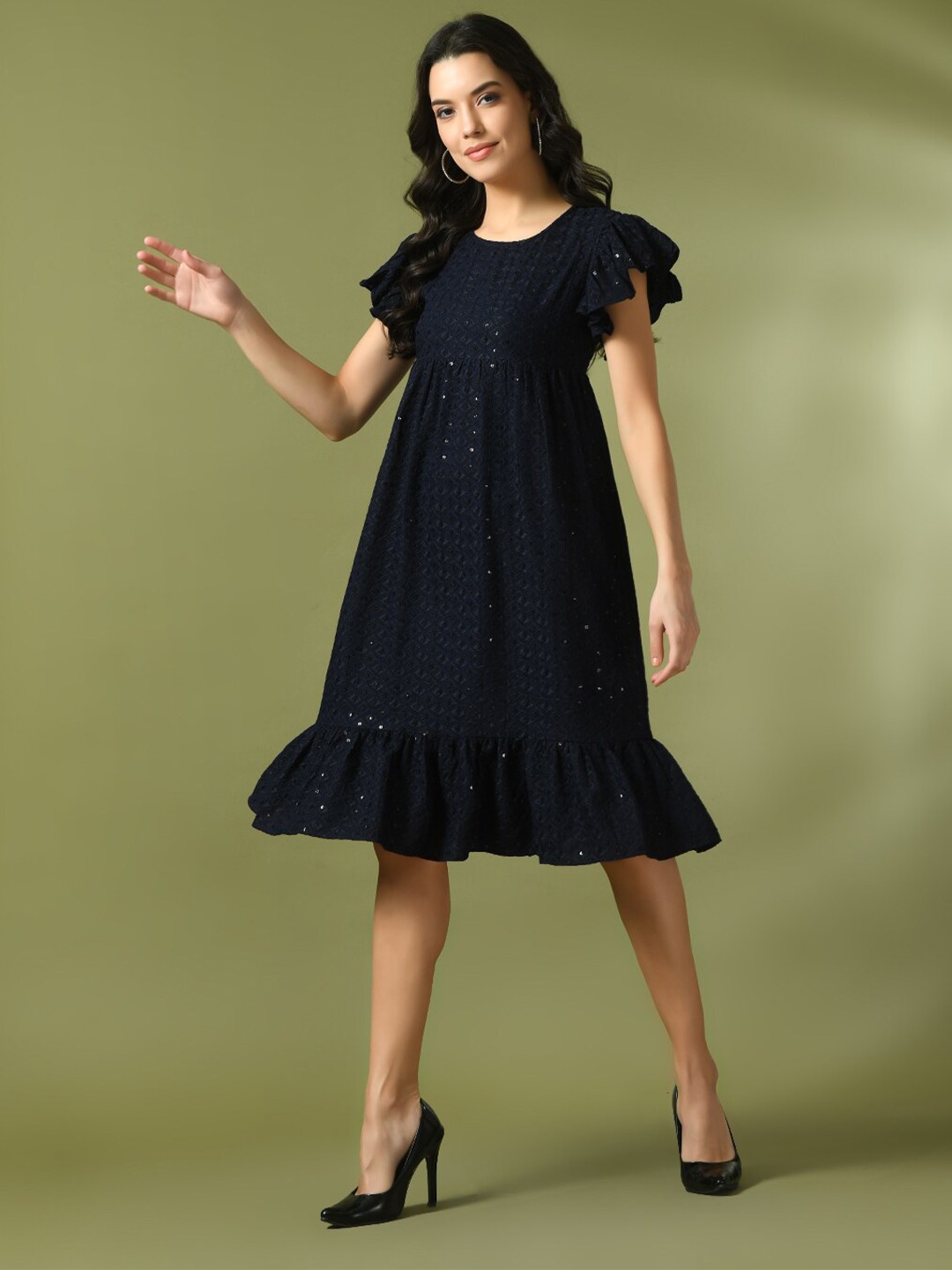 

Sangria Embroidered Sequined Flounce Cotton A-Line Ethnic Dress, Navy blue