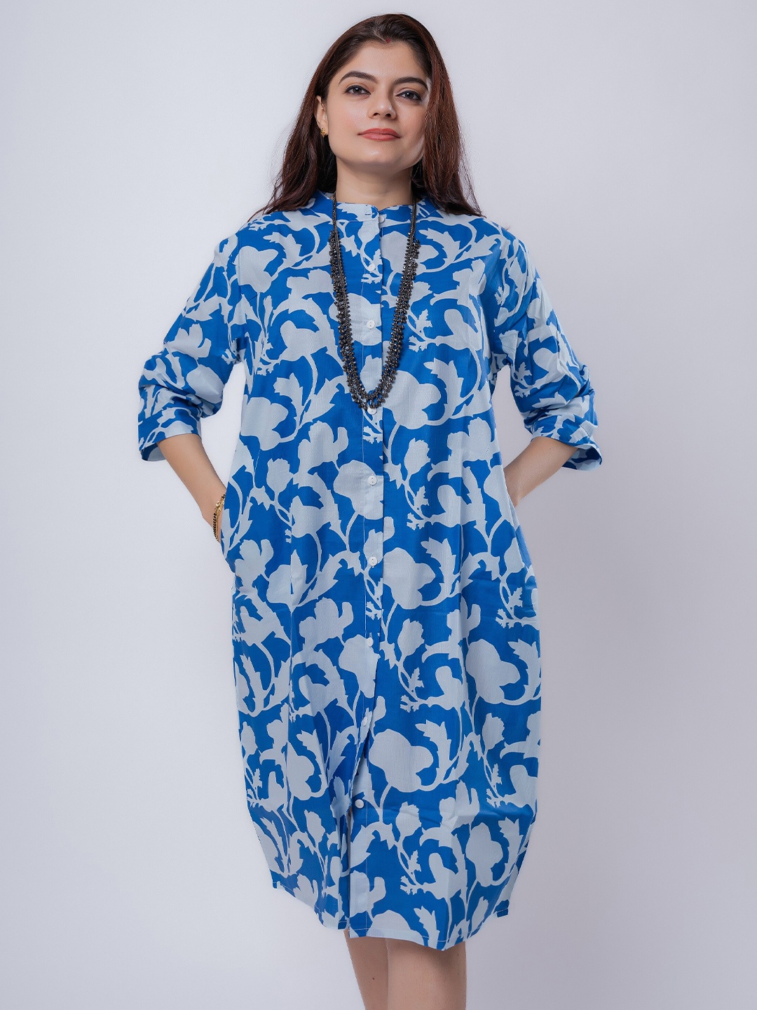 

MASU LIVING Floral Printed Mandarin Collar Cotton A-Line Dress, Blue