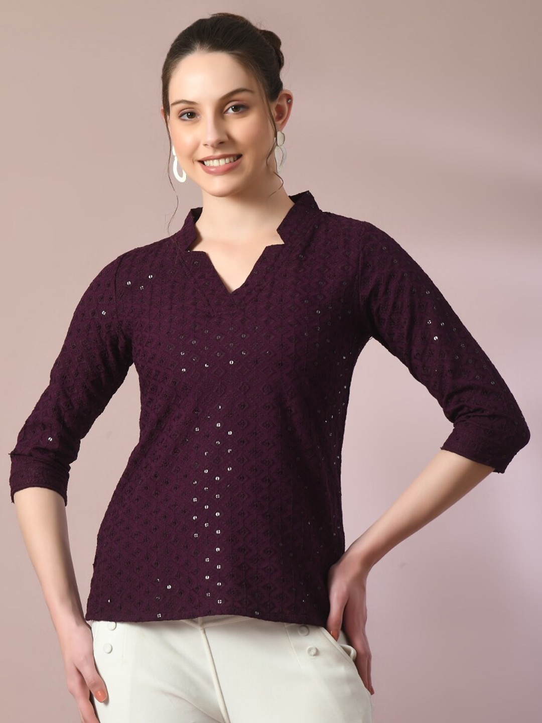 

Sangria Embellished Cotton V-Neck Tunic Top, Violet