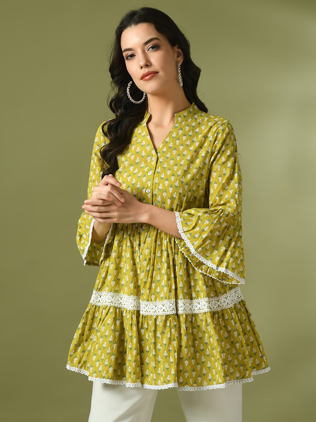 

Sangria Floral Printed Band Collar Bell Sleeves Cotton Cinched Waist Top, Yellow