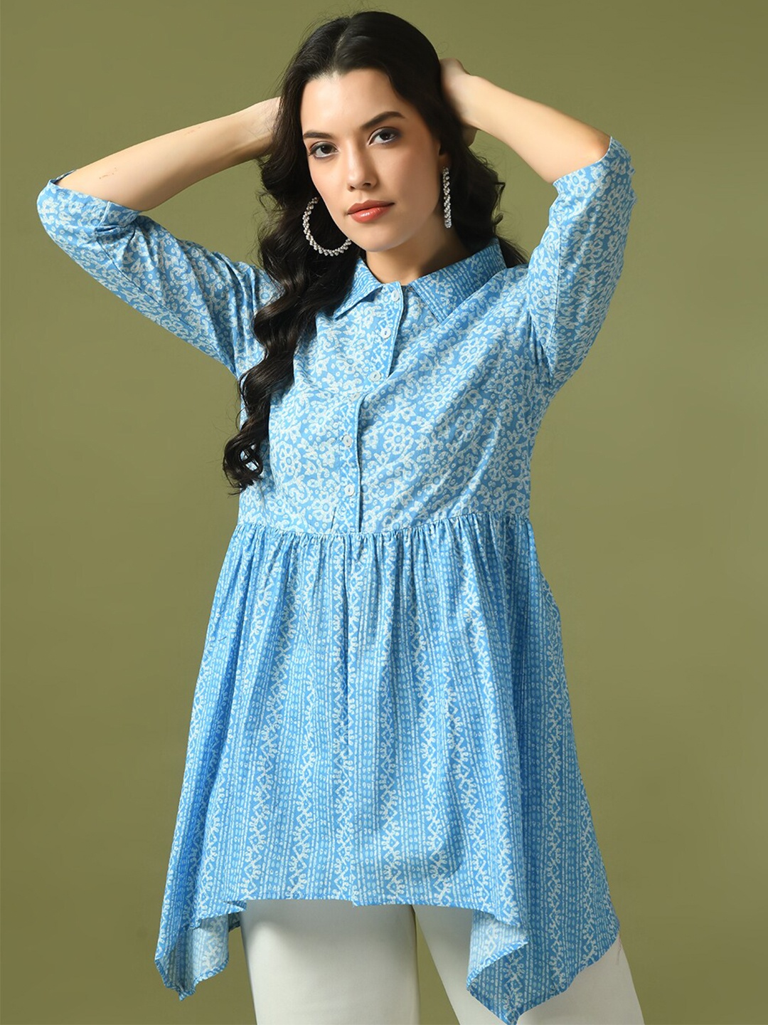 

Sangria Floral Printed Cotton Gathered Empire Top, Blue
