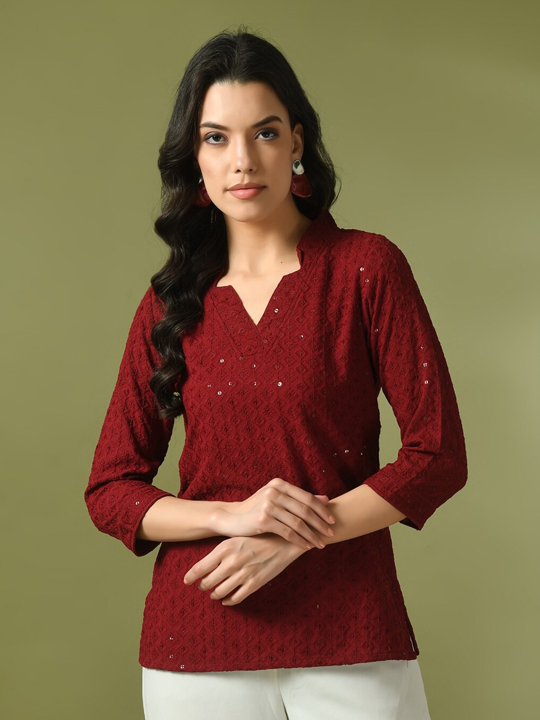 

Sangria Embellished Cotton V-Neck Tunic, Maroon