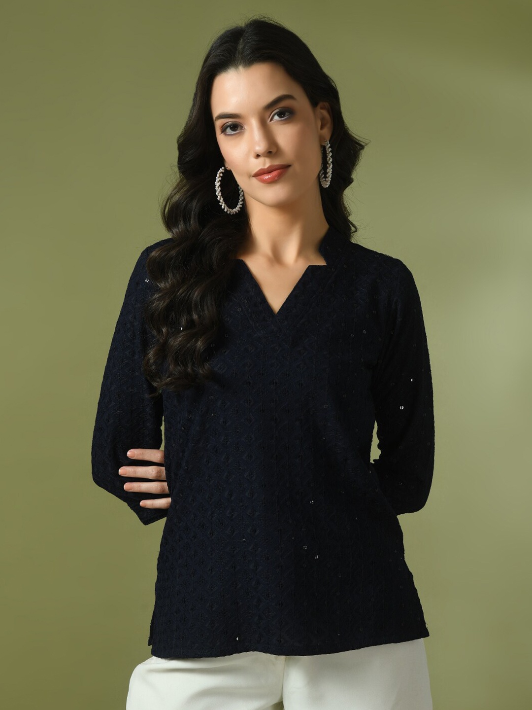 

Sangria Sequin Embroidered Cotton V-neck Tunic, Navy blue