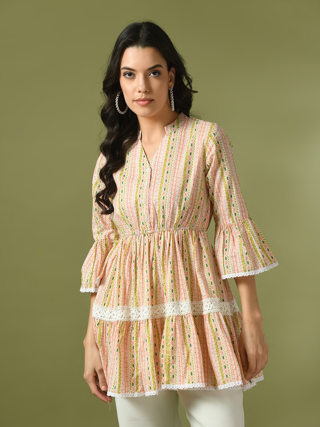 

Sangria Floral Printed Bell Sleeves Cotton Cinched Waist Top, Beige