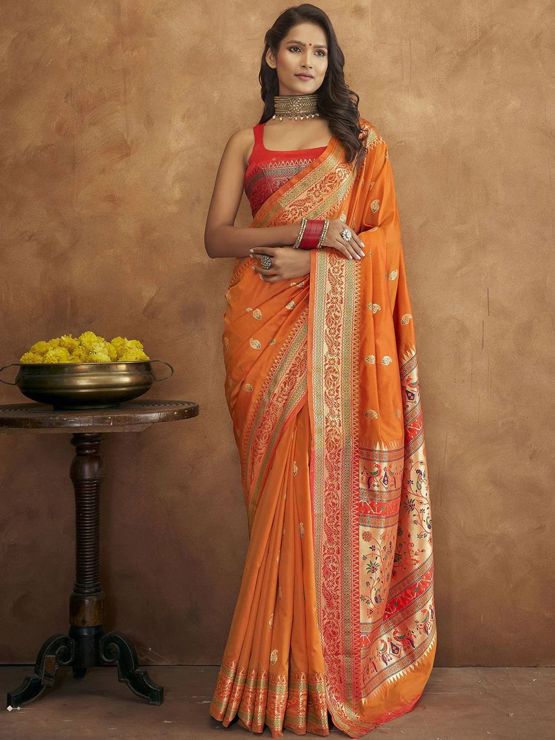 

bansari textiles Ethnic Motifs Woven Design Zari Silk Cotton Banarasi Saree, Orange
