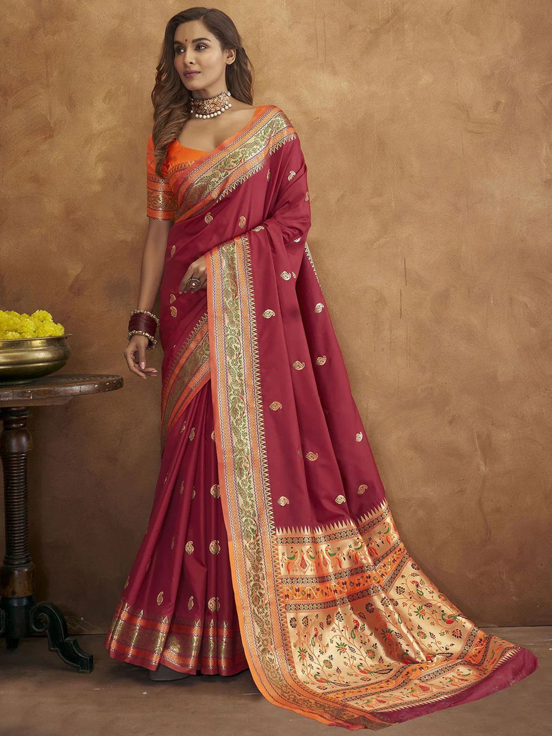 

bansari textiles Ethnic Motifs Woven Design Zari Silk Cotton Banarasi Saree, Maroon